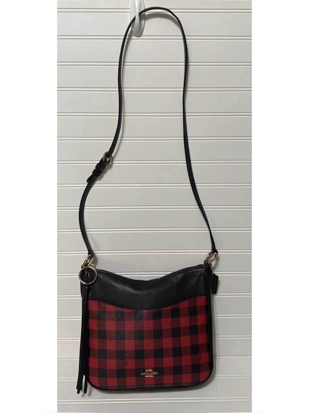 COACH Chaise Red Black Gingham Print Canvas Crossbody Shoulder Bag Purse Tote